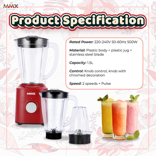 MMX PowerBlend 1.5L Duo-Jar 500W Table Blender with Grinder (BLT7022)