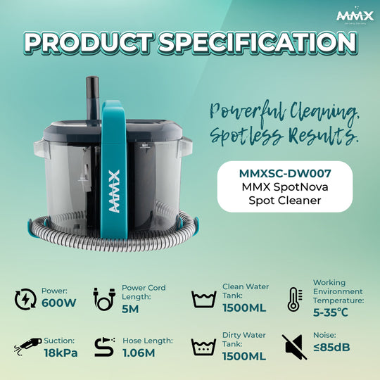 MMX SpotNova DW007 Spot Cleaner – 600W, 18kPa Powerful Suction, 1.5L Dual Water Tanks