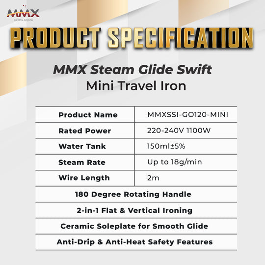 [Anti-Burn] MMX Steam Glide Swift Mini Travel Iron GO120-Mini: Zero Burn, Fast Heat, Dual Mode, Travel-Ready