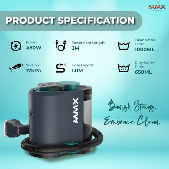 MMX SpotMaster HY002 450W Compact Spot Cleaner l Carpet & Upholstery Cleaner | Powerful, Portable & Quick Stain Removal