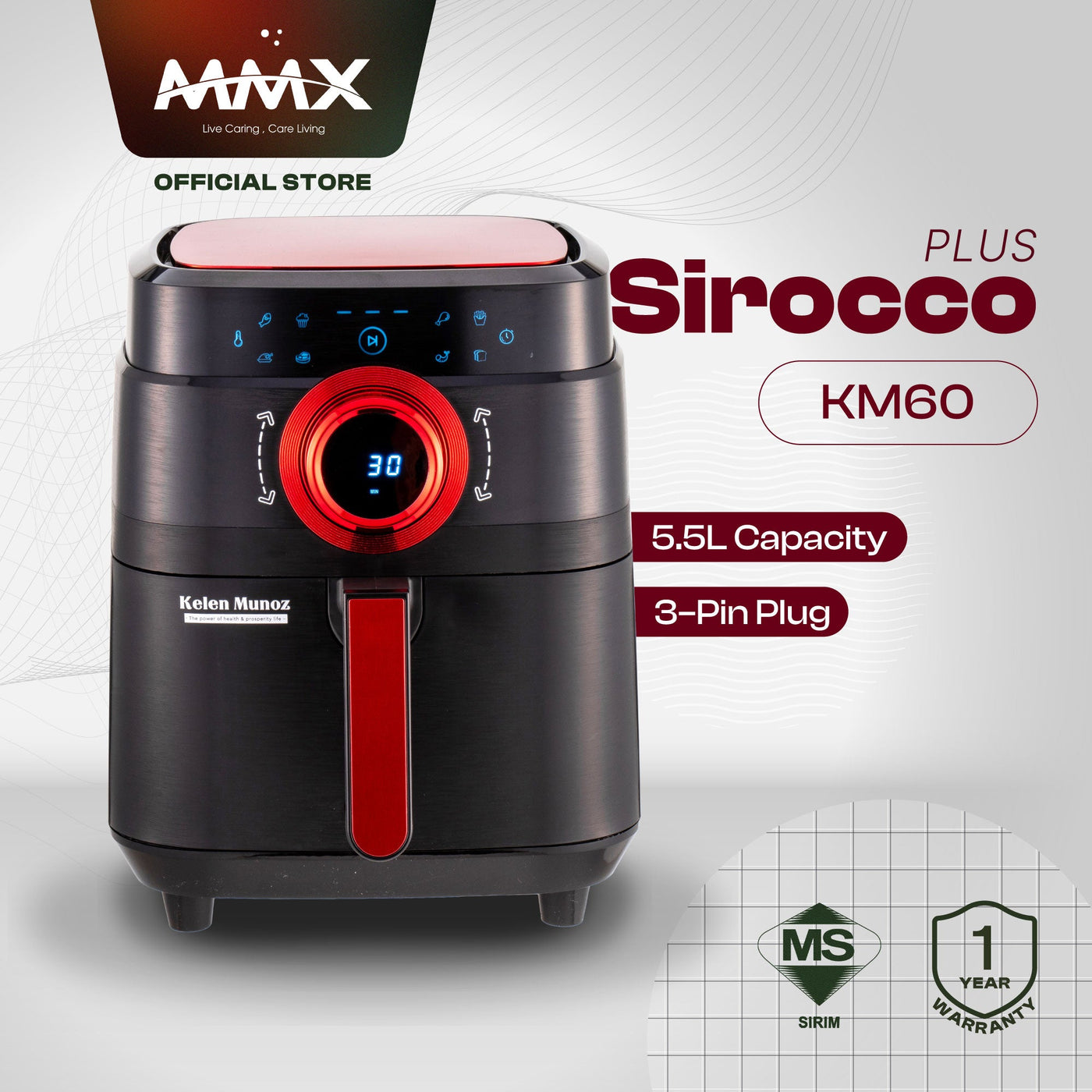 MMX Kelen Munoz Sirocco Plus KM60 3D Ecoheal Non Stick Digital Air Fryer 8.5L