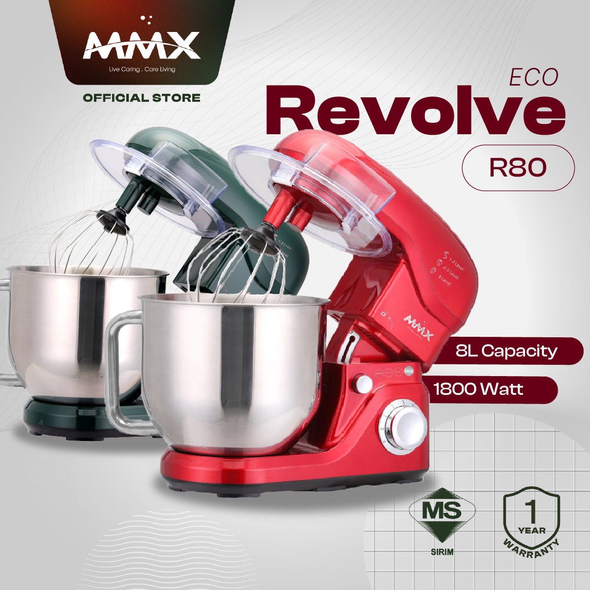 Revolve Eco R80 1800W 6 Speed Cake Kitchen Stand Mixer 8L